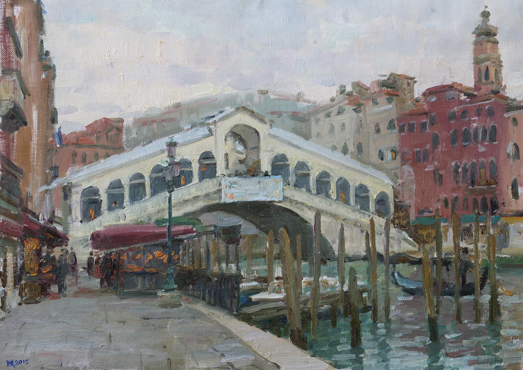 At the Rialto Bridge. Original modern art painting