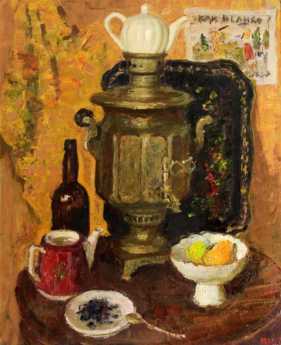 Samovar on golden background. Original modern art painting