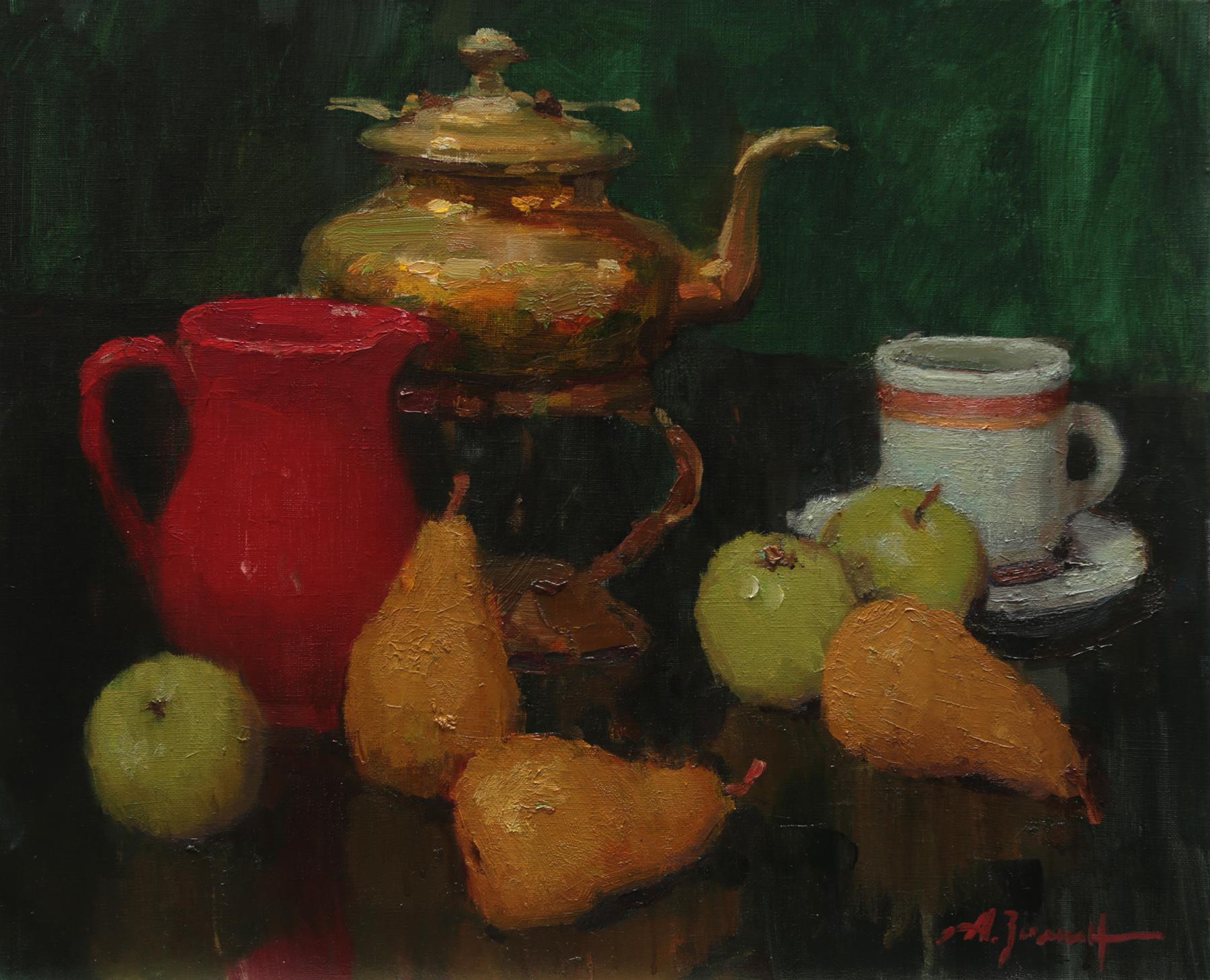 Pears and teapot. Original modern art painting