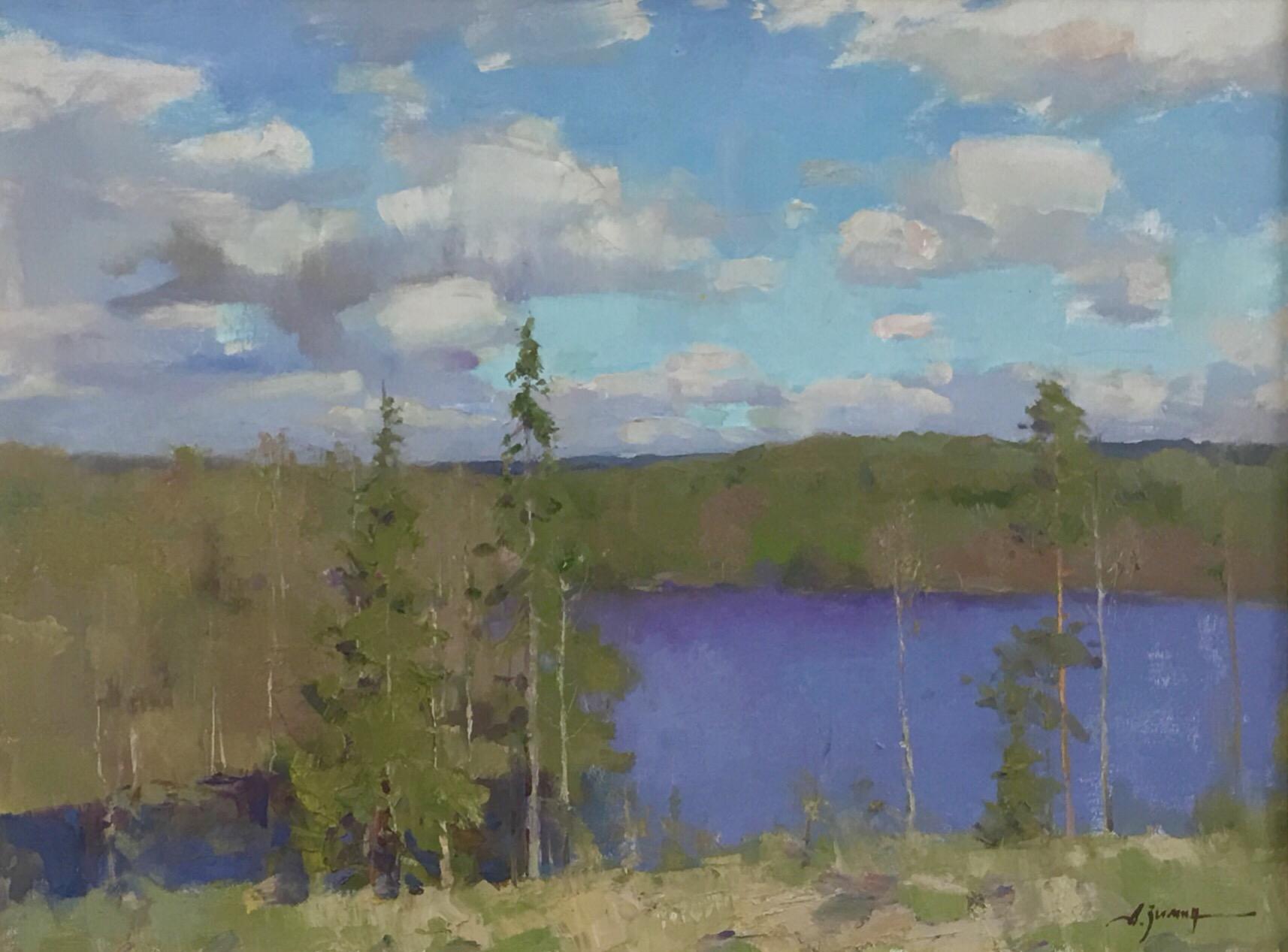 Autumn lake. Original modern art painting