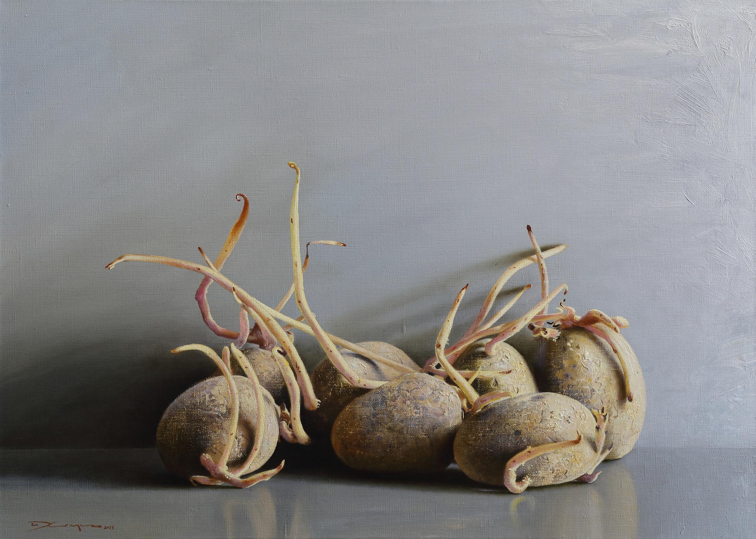 Sprouted potatoes. Original modern art painting