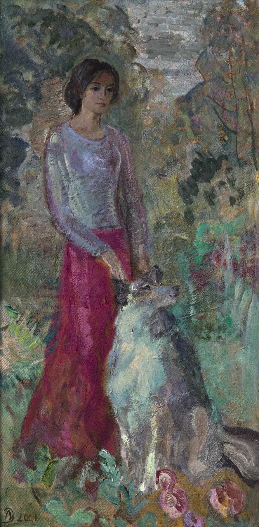 Daughter  with the dog. Original modern art painting