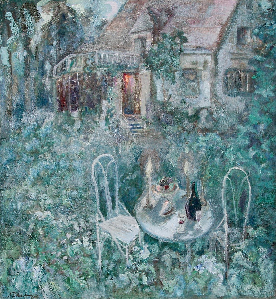 Белая ночь в саду. Original modern art painting