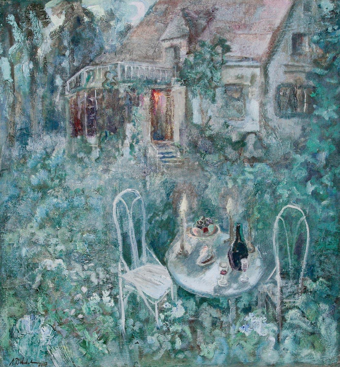 White night in a garden. Original modern art painting