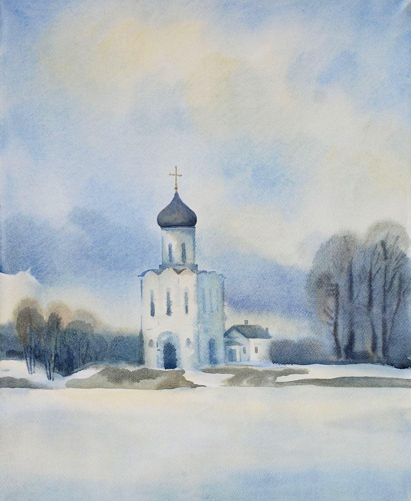 The church of protection of the holy virgin on the river Nerli. Original modern art painting