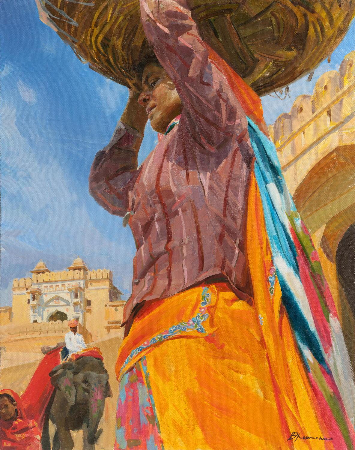 Caryatid Amber fort. Original modern art painting