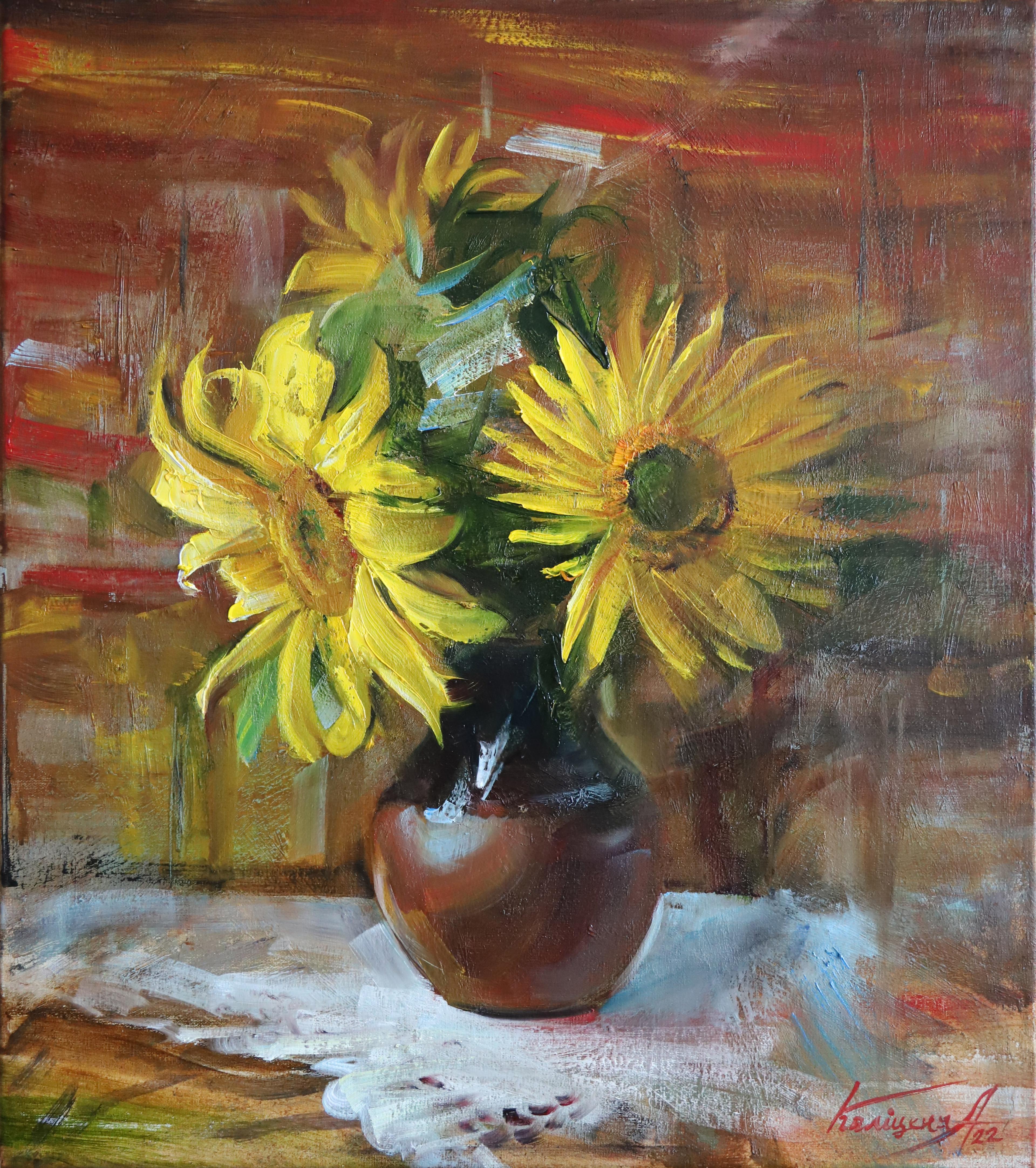 Bouquet with decorative sunflowers. 2022. Original modern art painting