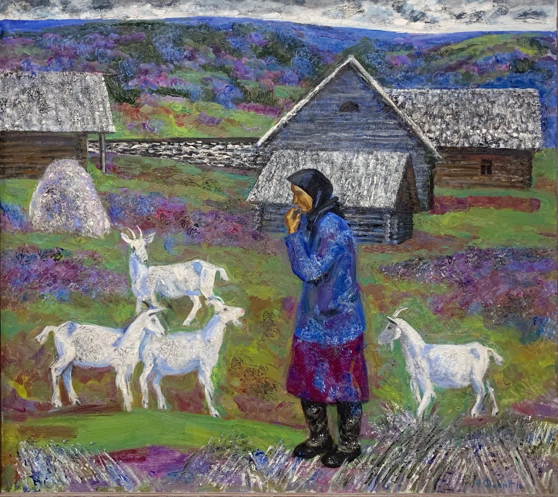 Kate and goats. Original modern art painting