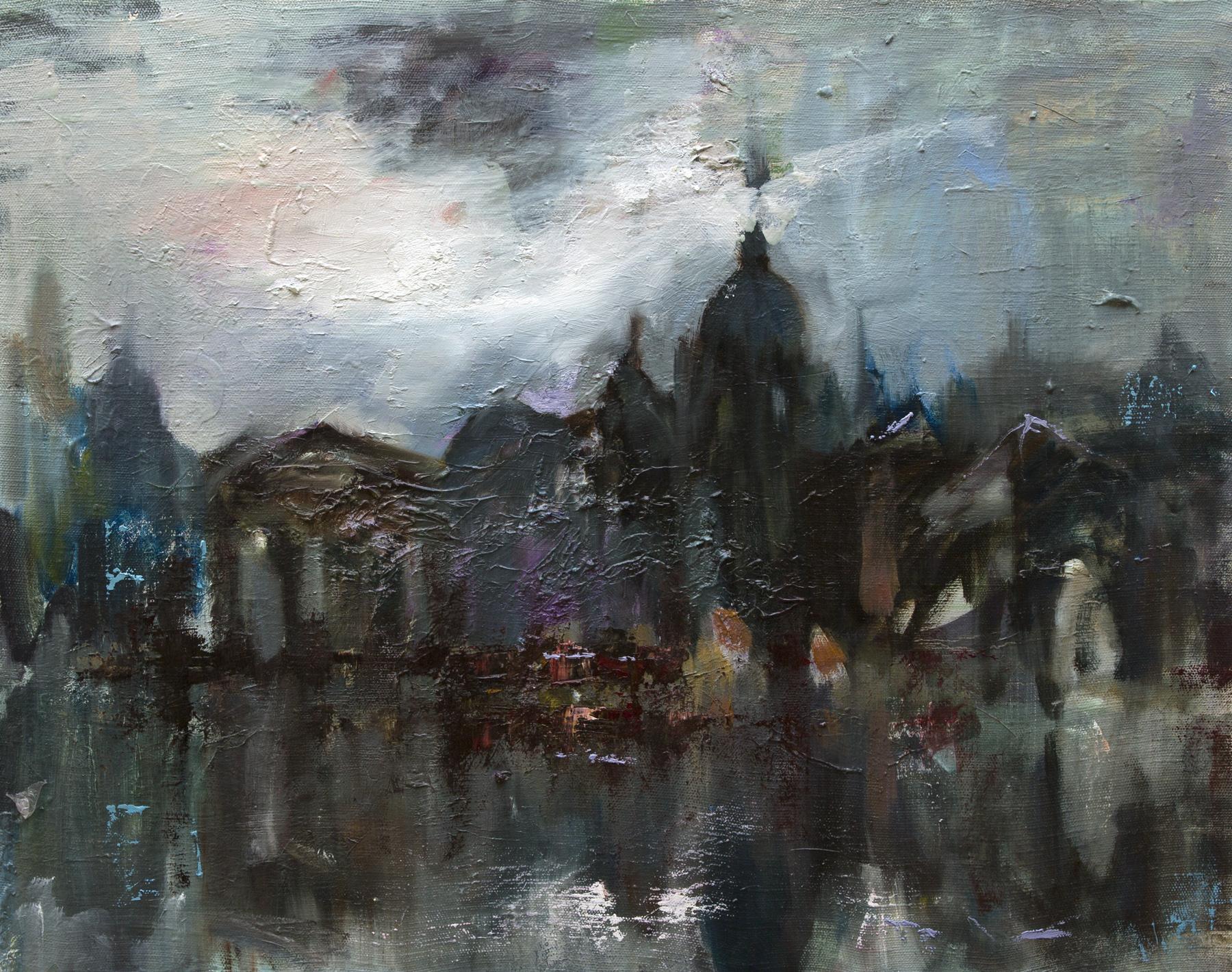 Night over Neva river. Original modern art painting