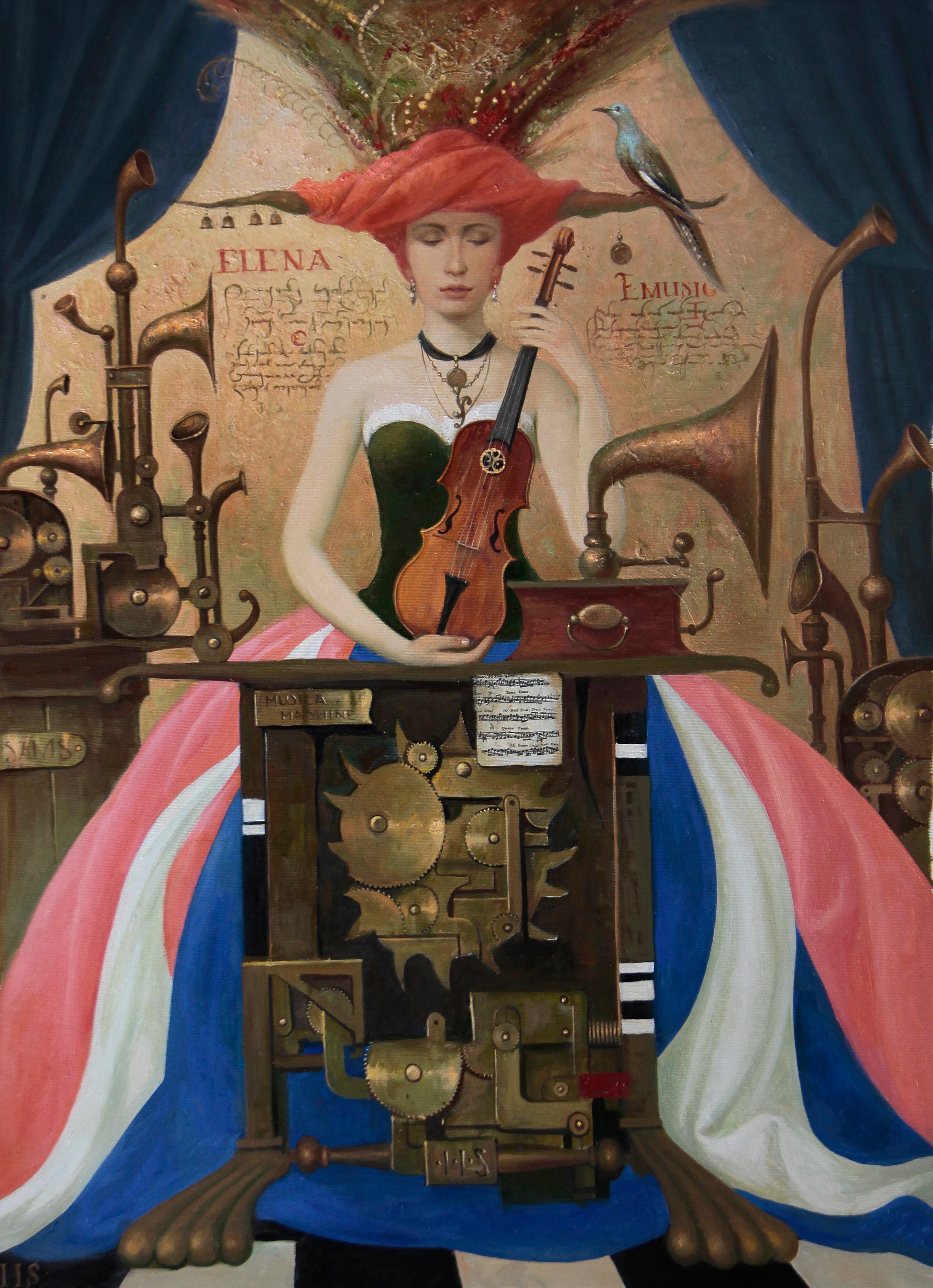 Girl with a music machine. Original modern art painting