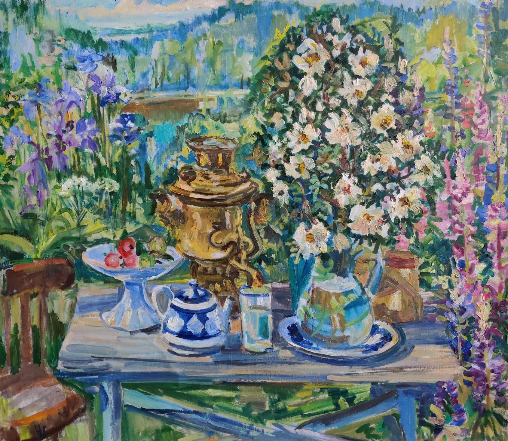 Wild roses and samovar. Original modern art painting