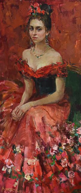 Girl in red dress. Original modern art painting