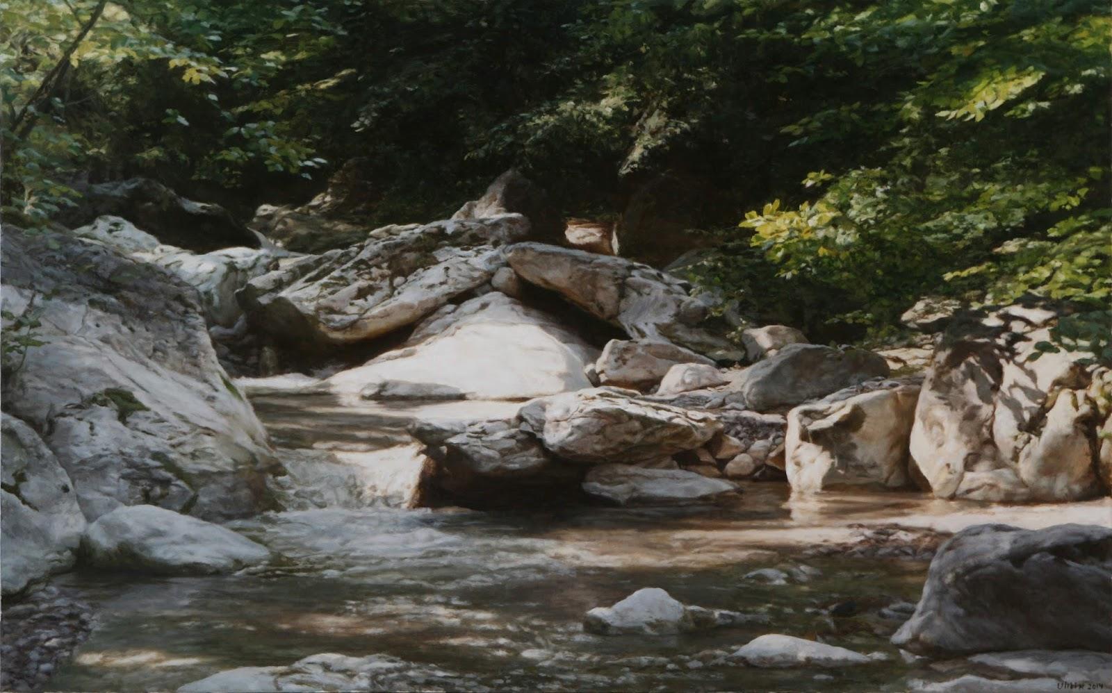 Stream in a forest. Original modern art painting