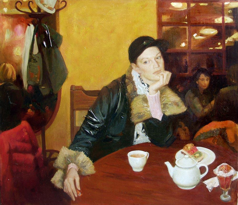 A girl in cafe. Original modern art painting