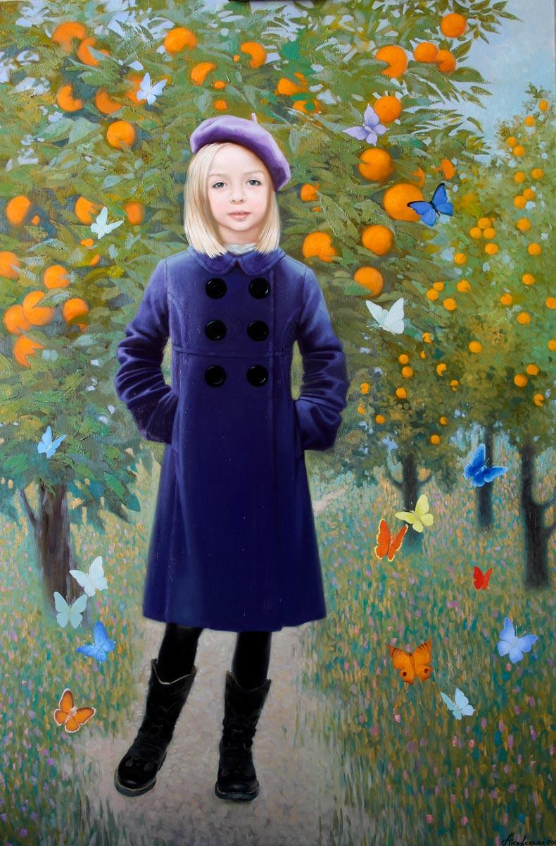 Portrait in orange trees. Original modern art painting