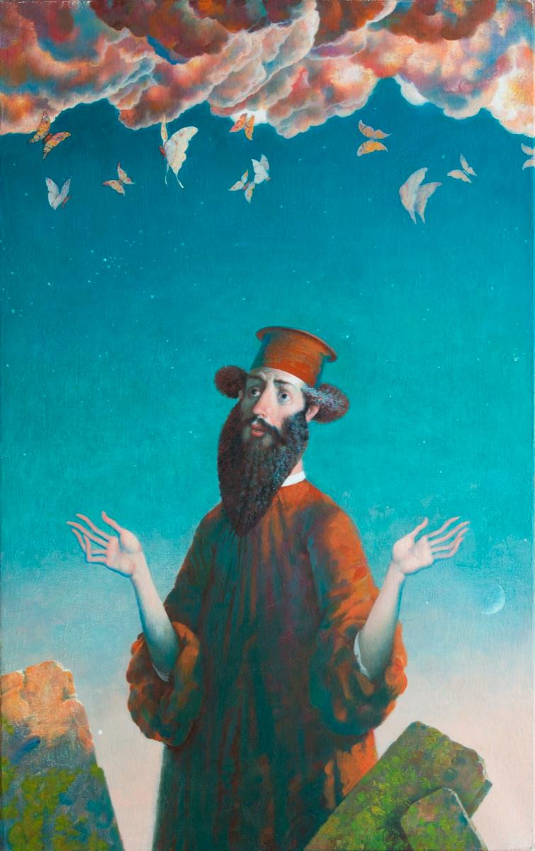 Rabbi and butterflies. Original modern art painting