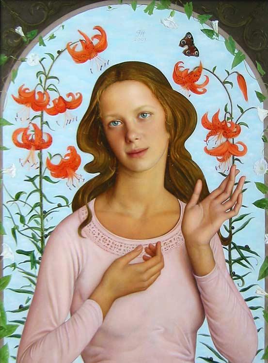 Portrait with lilies. Original modern art painting