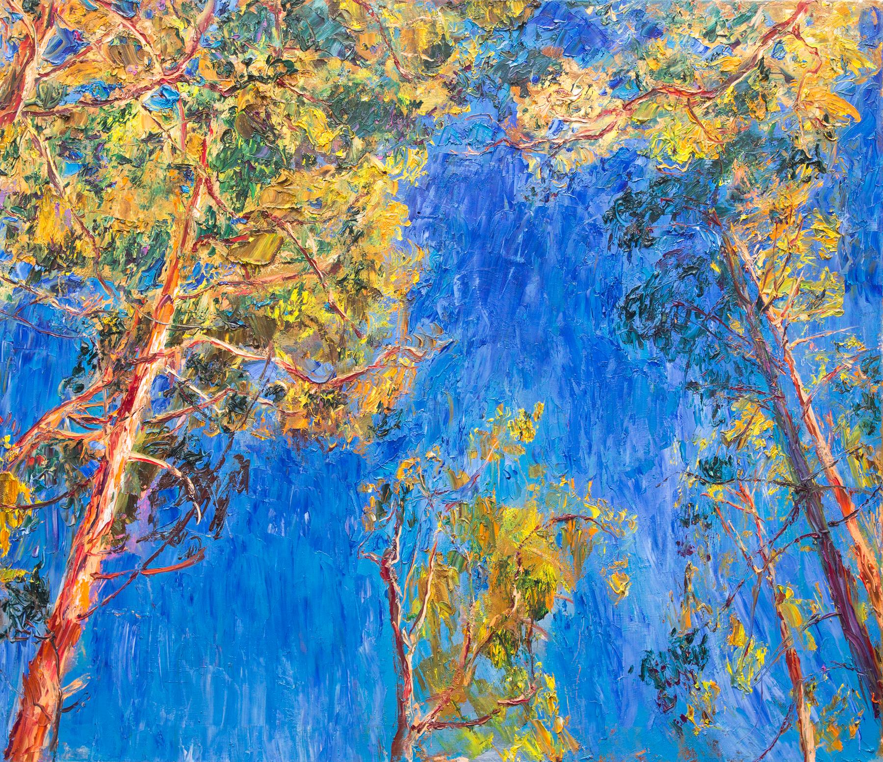 Pines on blue. Original modern art painting