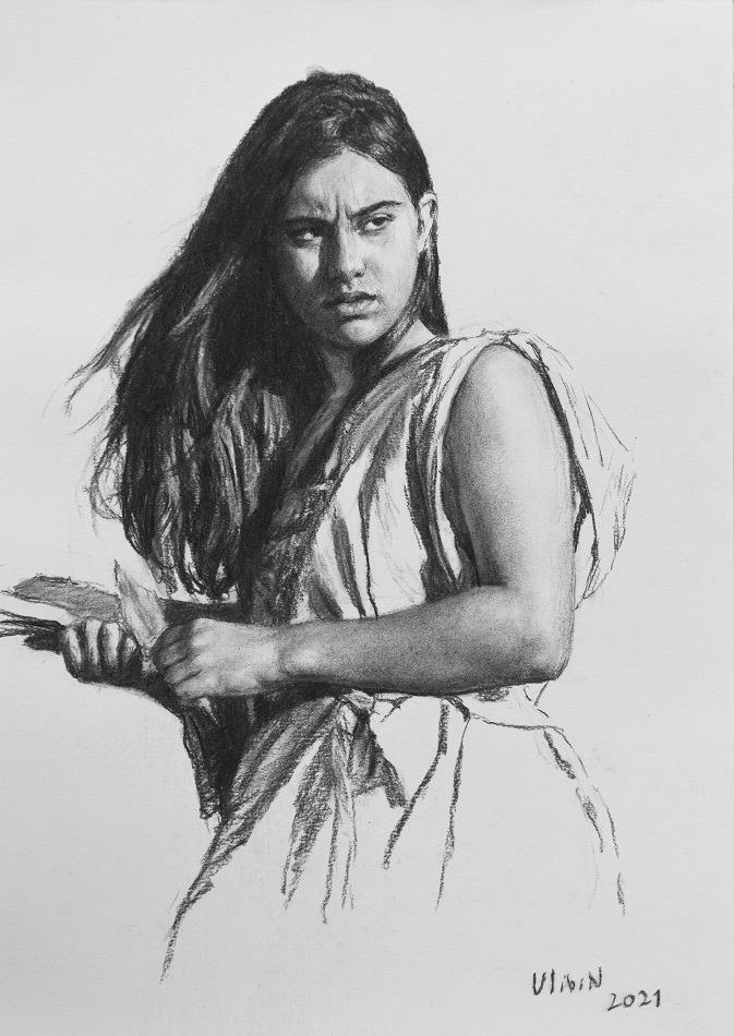 Девушка с пером и пергаментом. Original modern art painting