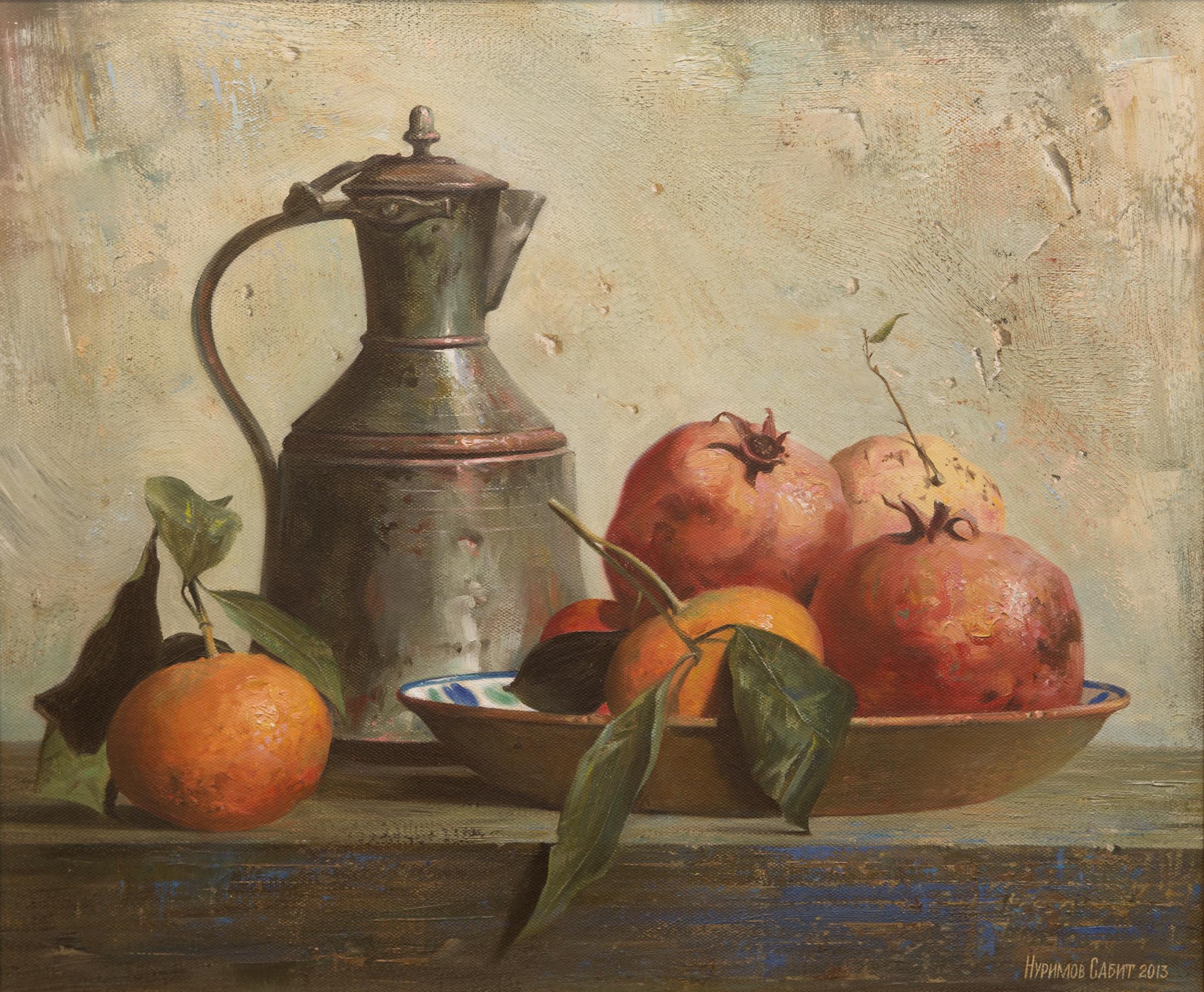 Pomegranates and jug. Original modern art painting