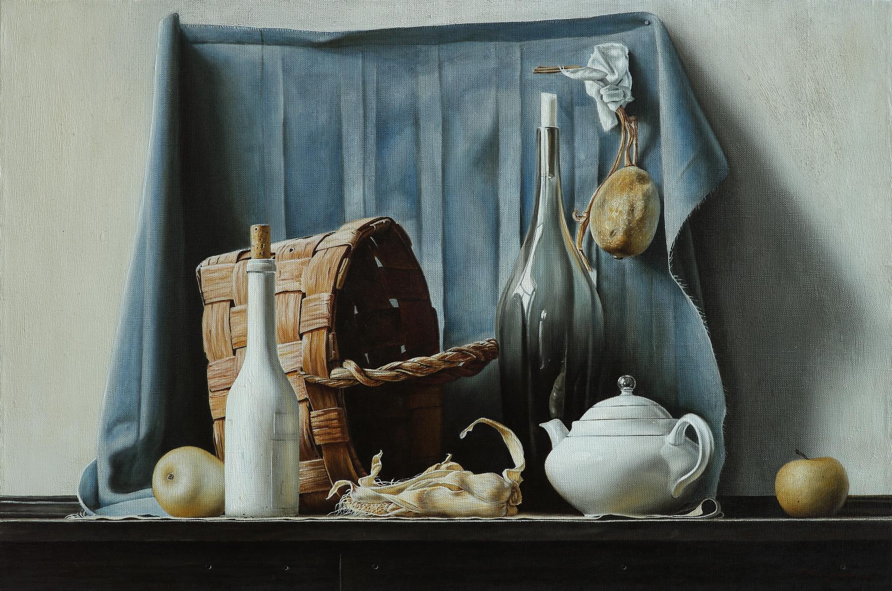 Still life with a basket. Original modern art painting