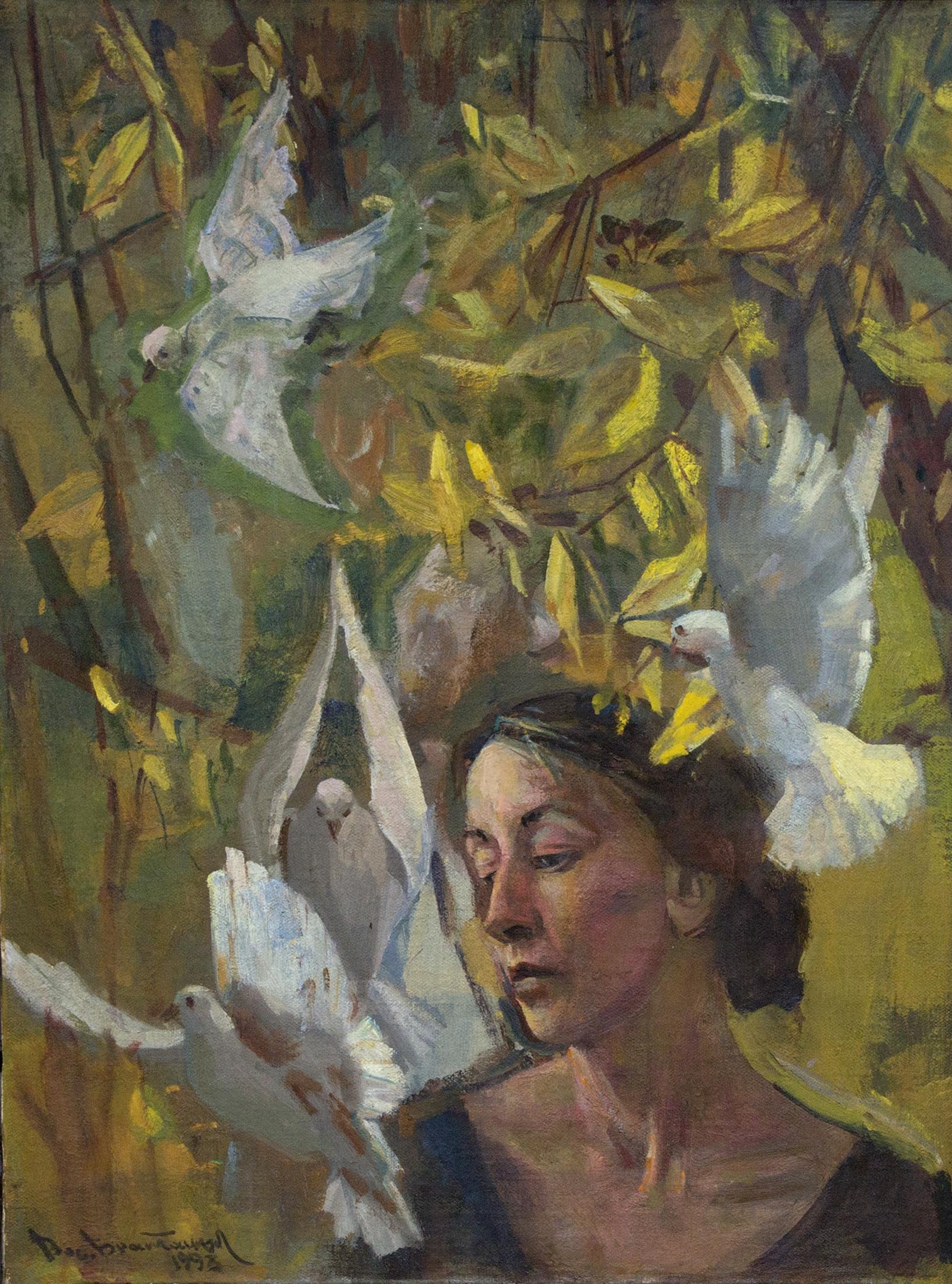 г. Уланова с белыми голубями. Original modern art painting