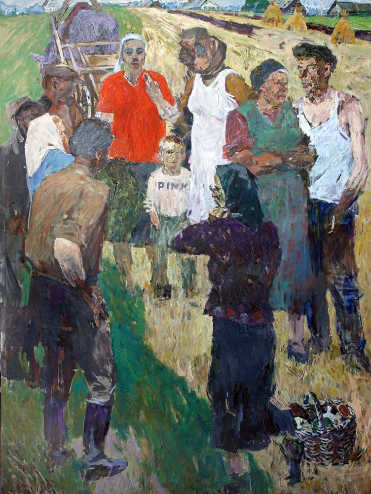 Rural gathering. Original modern art painting