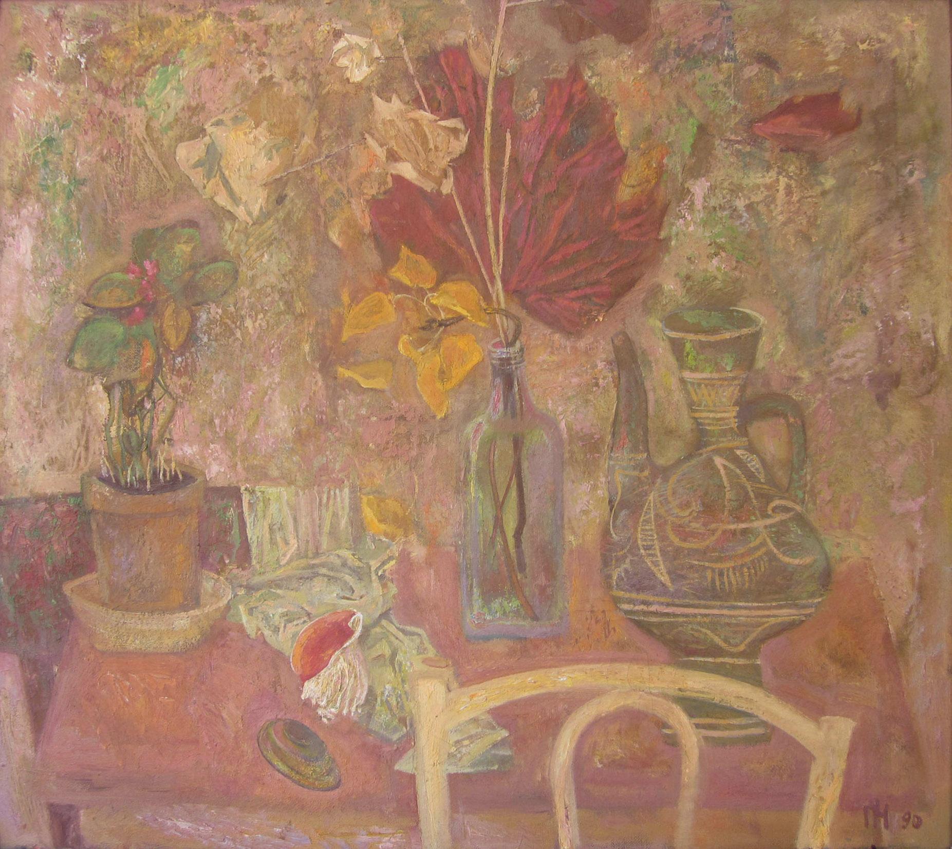 Still life with red leaf. Original modern art painting