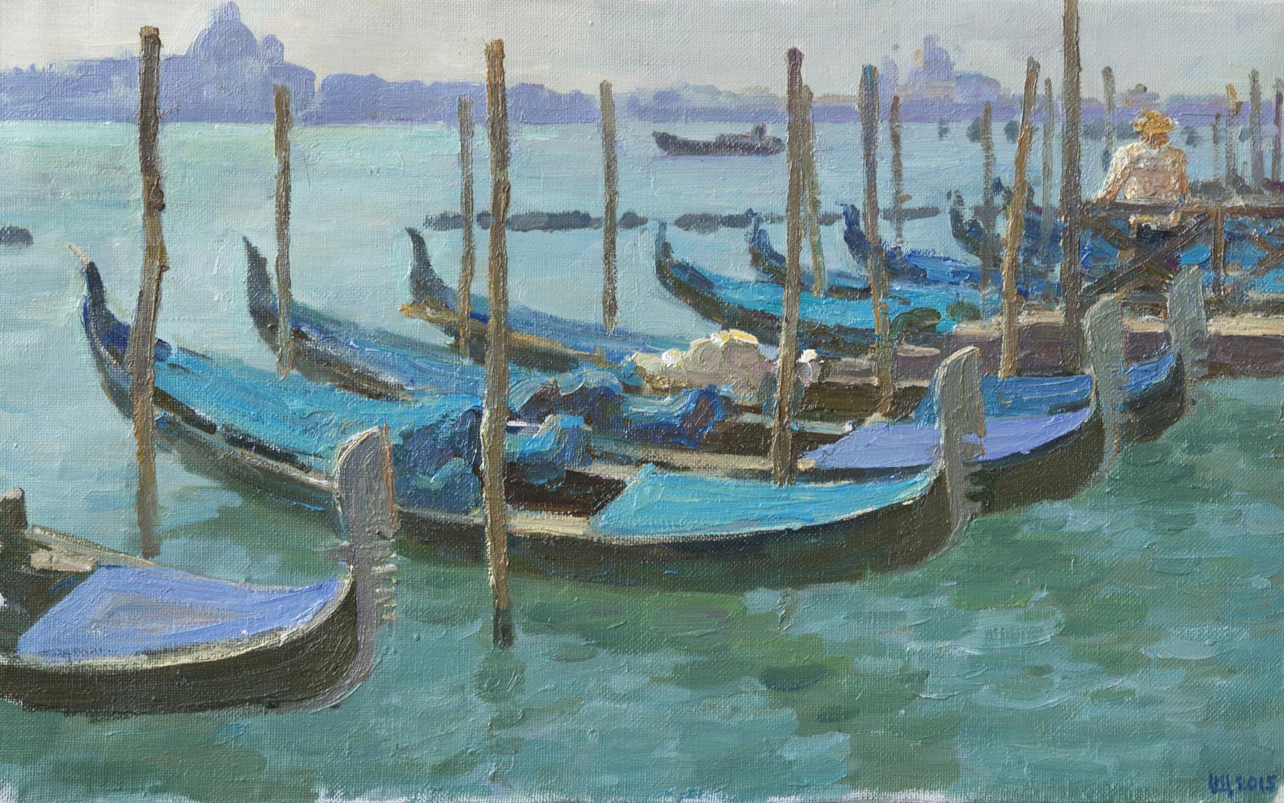 Gondolas at the dock. Original modern art painting