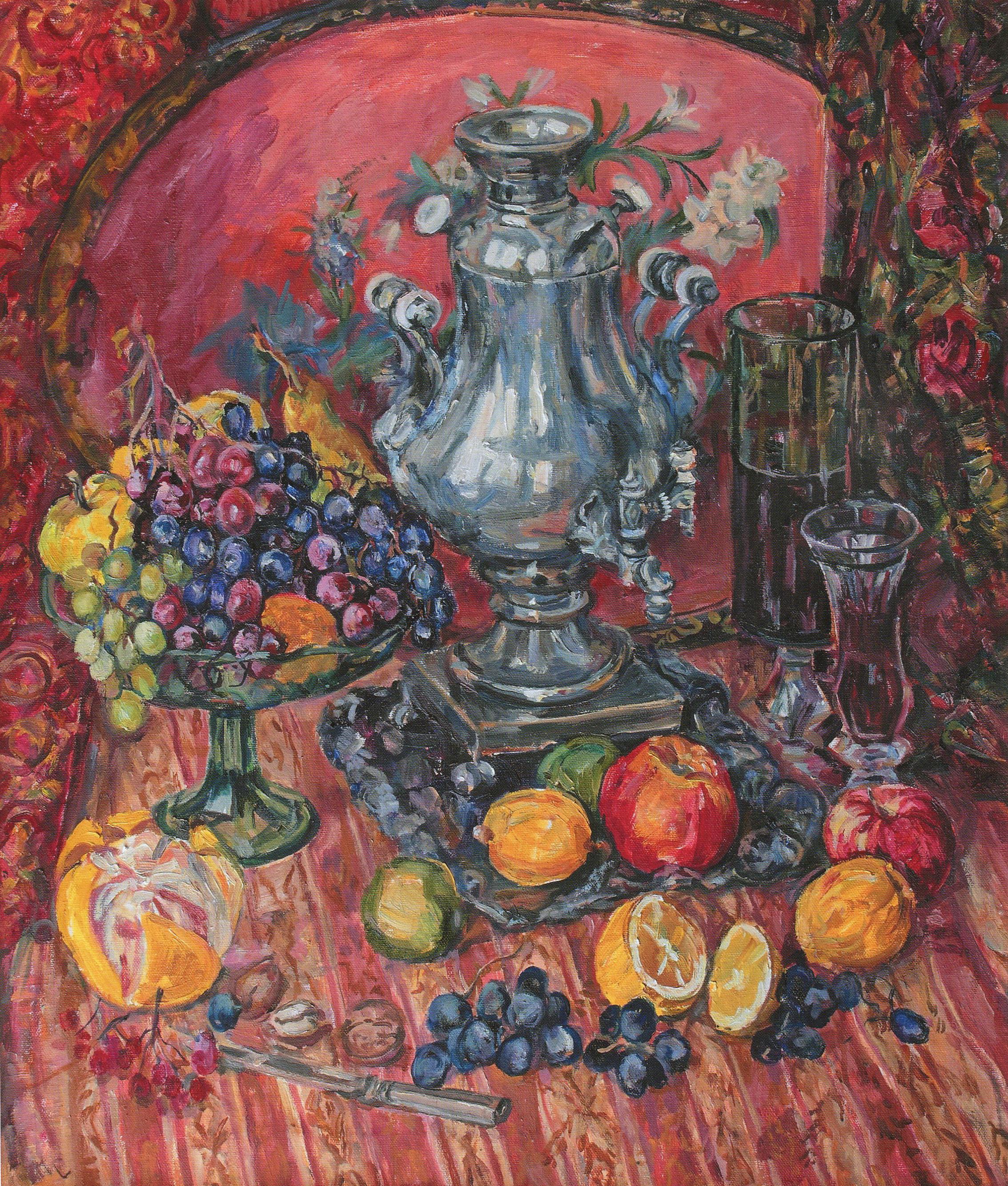 Still life with samovar and fruits. Original modern art painting