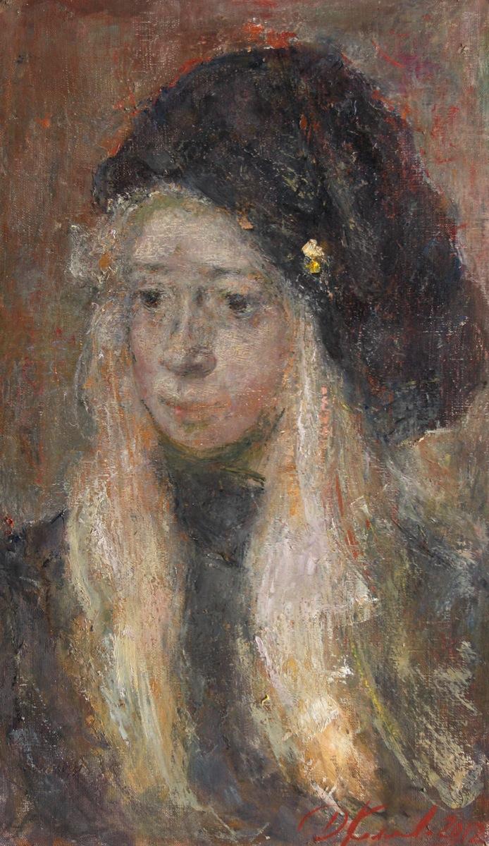 Portrait of a girl in beret. Original modern art painting