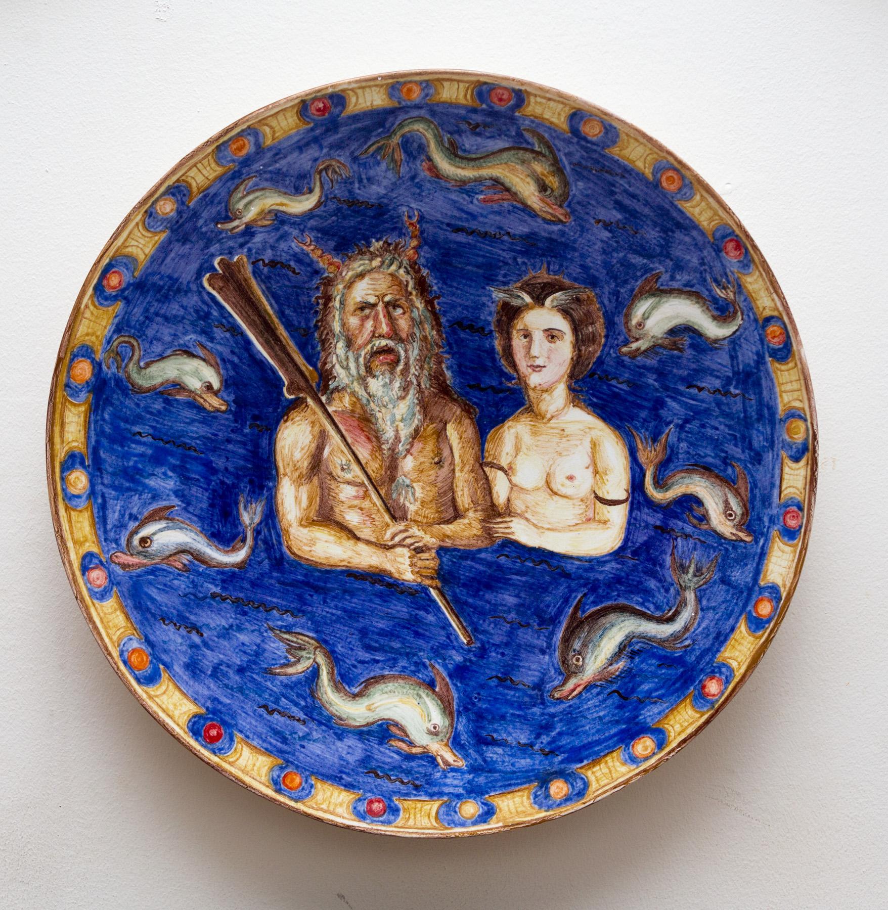Triton and nymph with dolphins. Original modern art painting