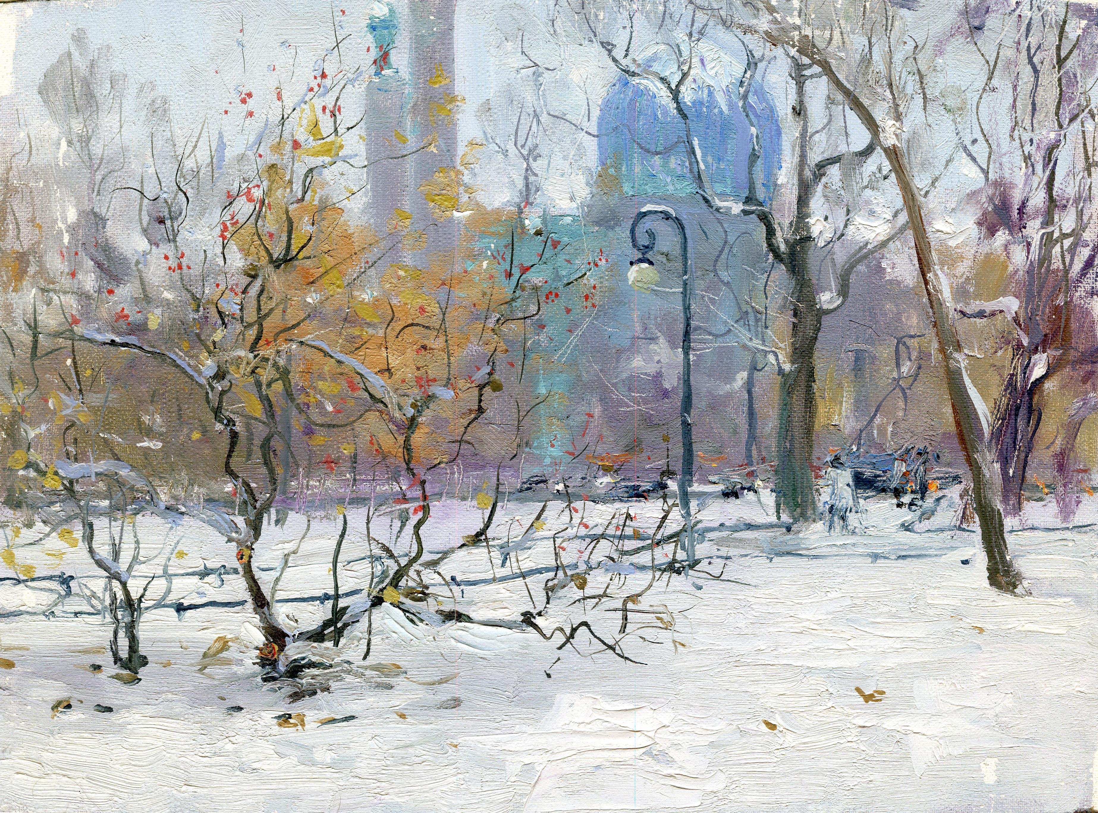 View of the mosque in winter. Original modern art painting