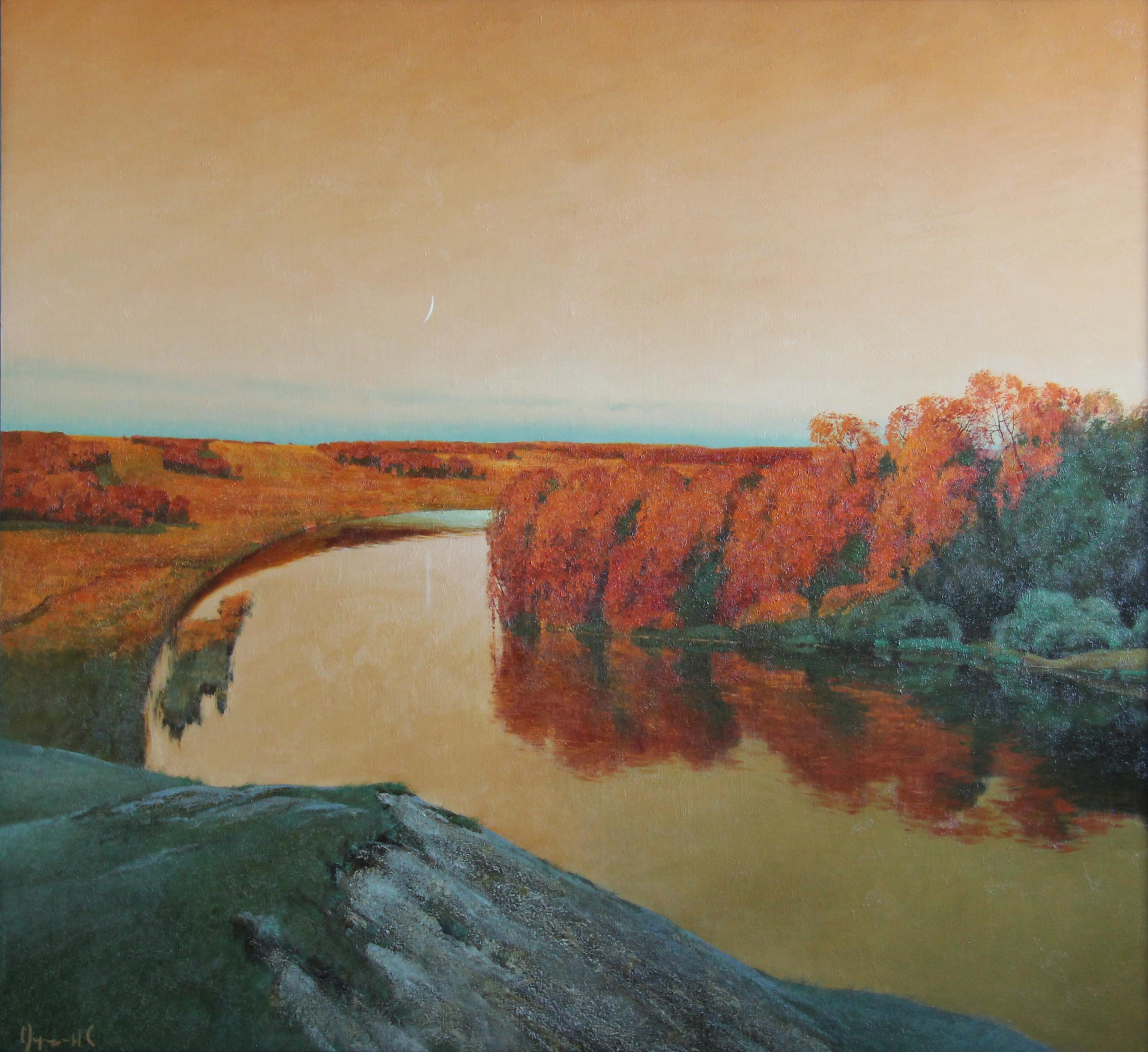 Sunset on the river. Original modern art painting