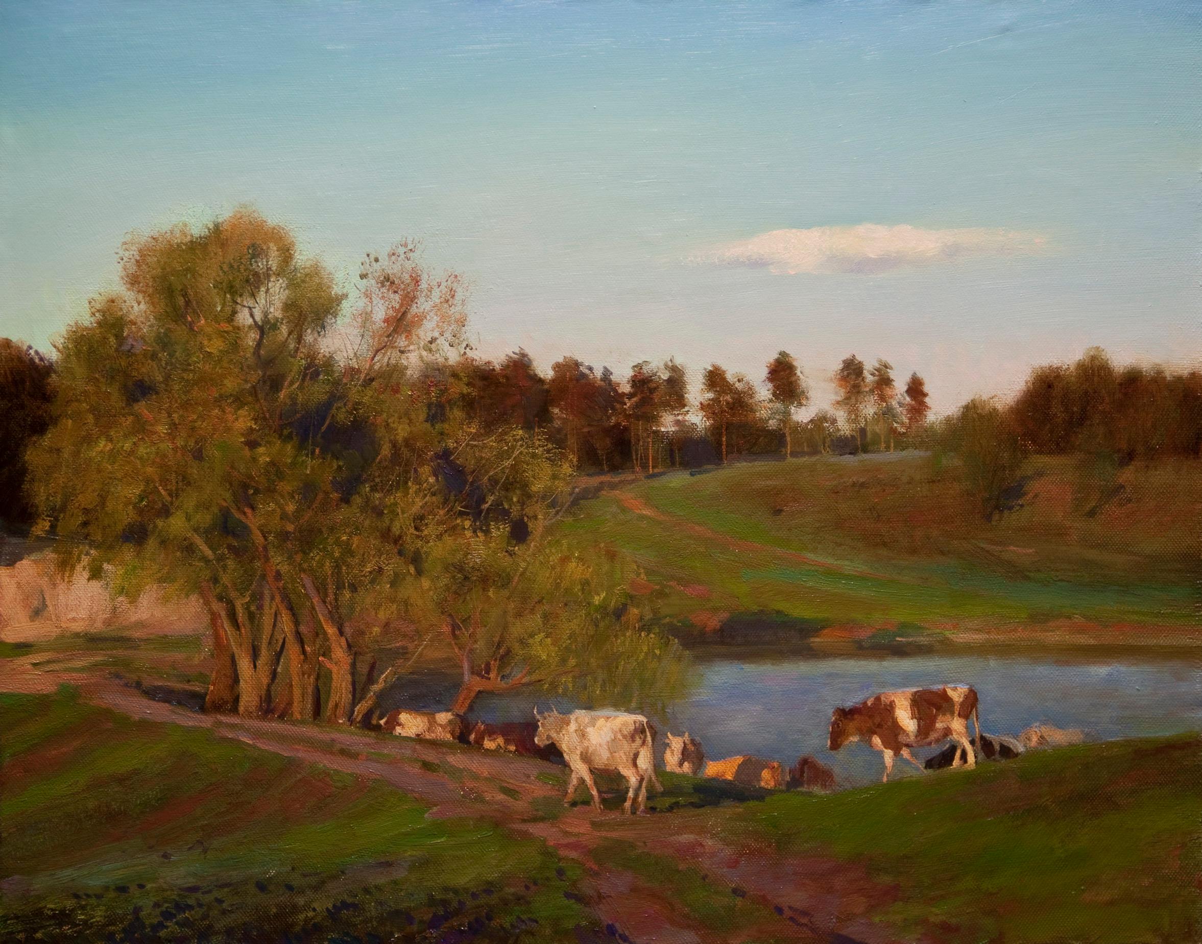 Evening on the pond . Original modern art painting