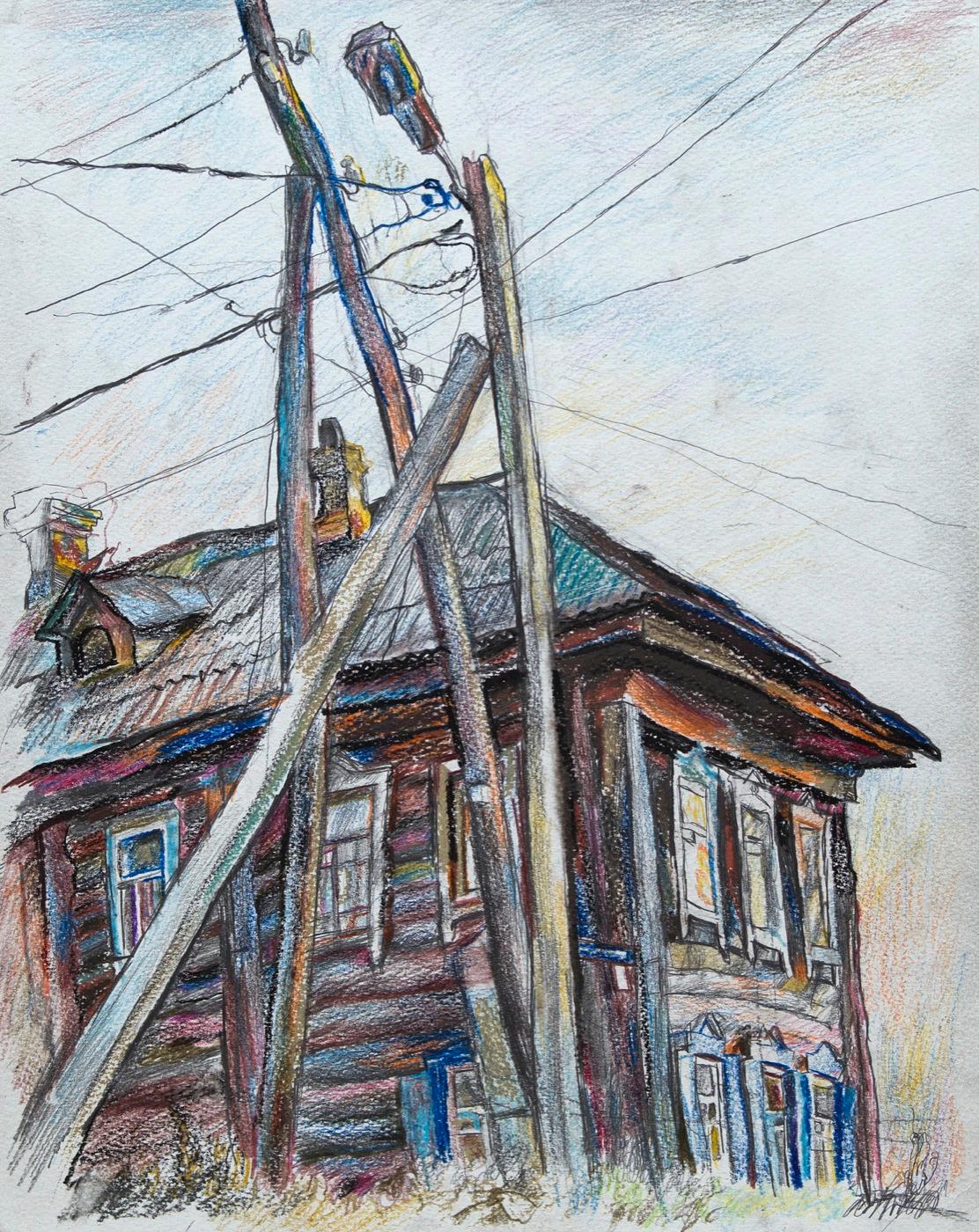 House with a pillar. Original modern art painting