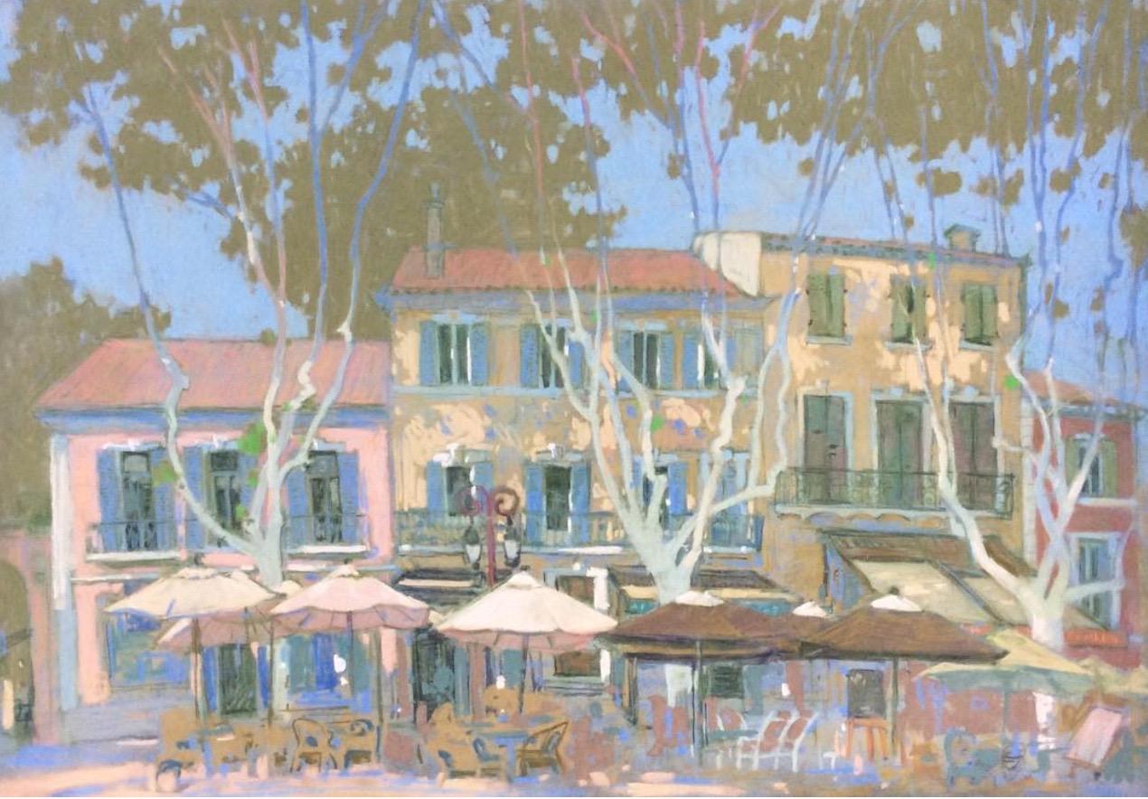 Square with plane trees. Provence. Original modern art painting