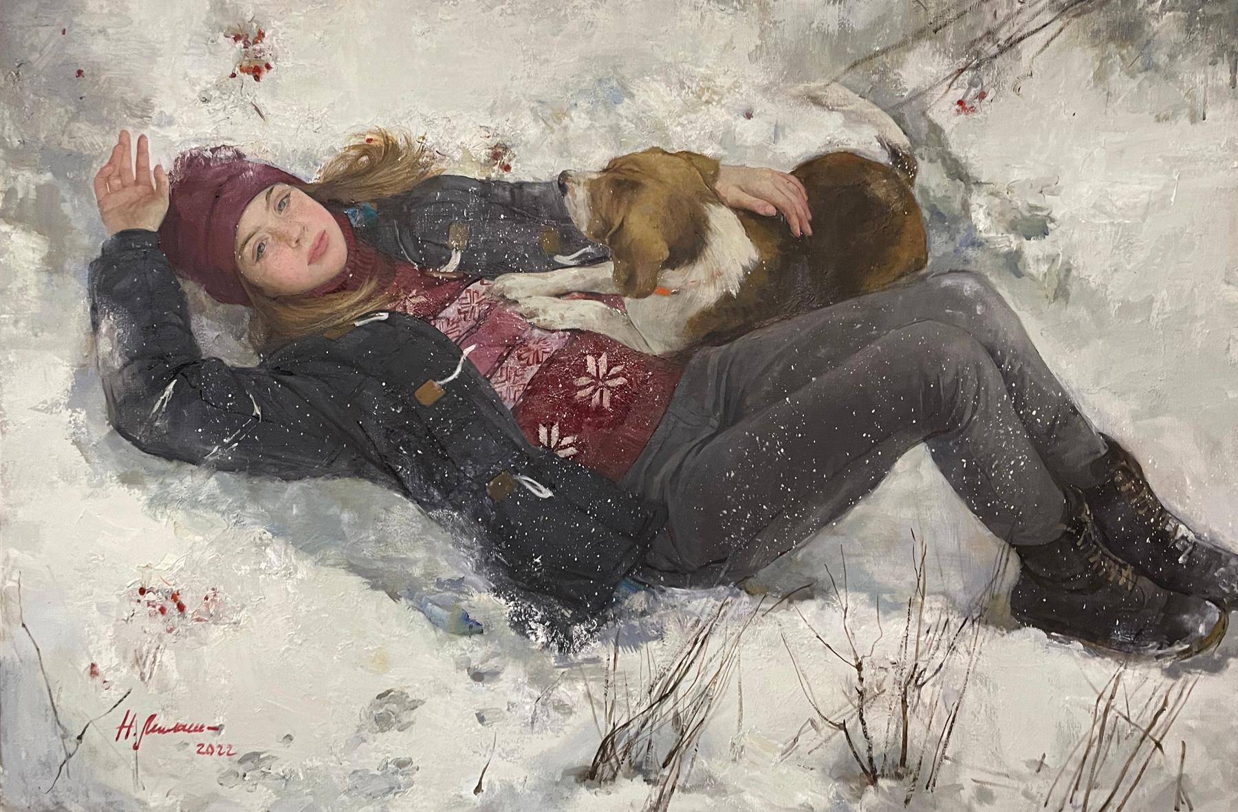 Игры на снегу. Original modern art painting