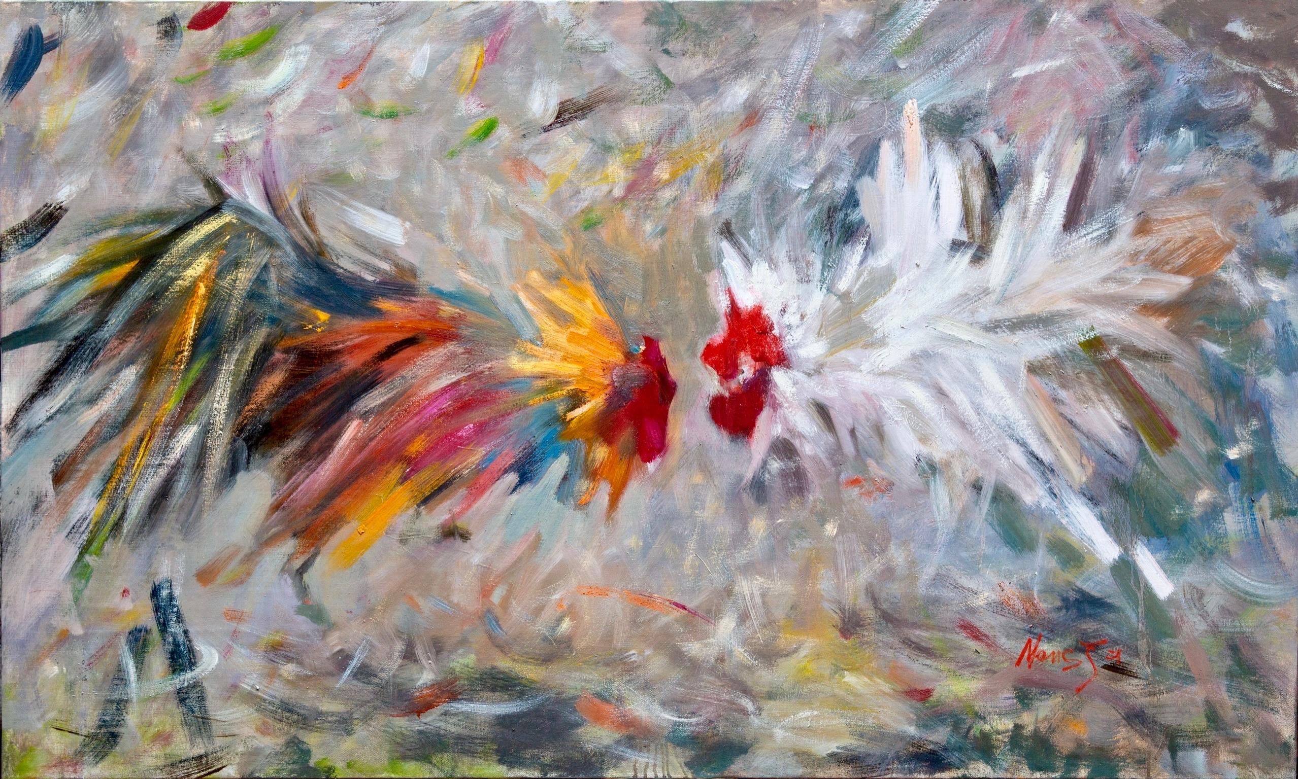 Cockfighting. Original modern art painting
