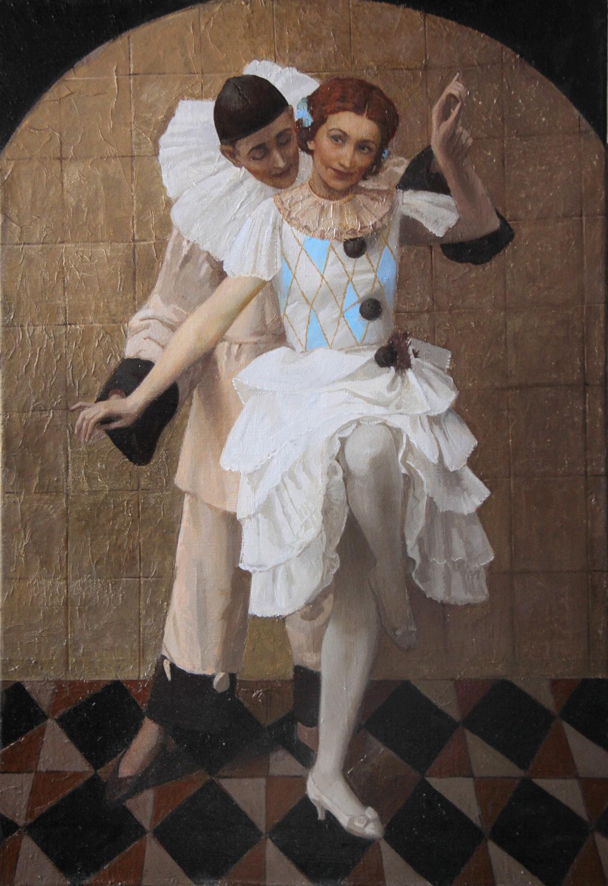 芭蕾舞嘉年华. 科伦比娜皮耶罗 Lidia Lopukhova,Vaclav Nijinsky. Original modern art painting
