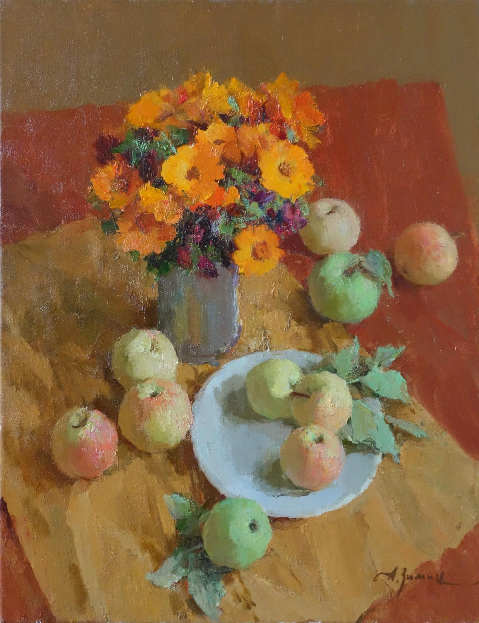 Apples and flowers. Original modern art painting