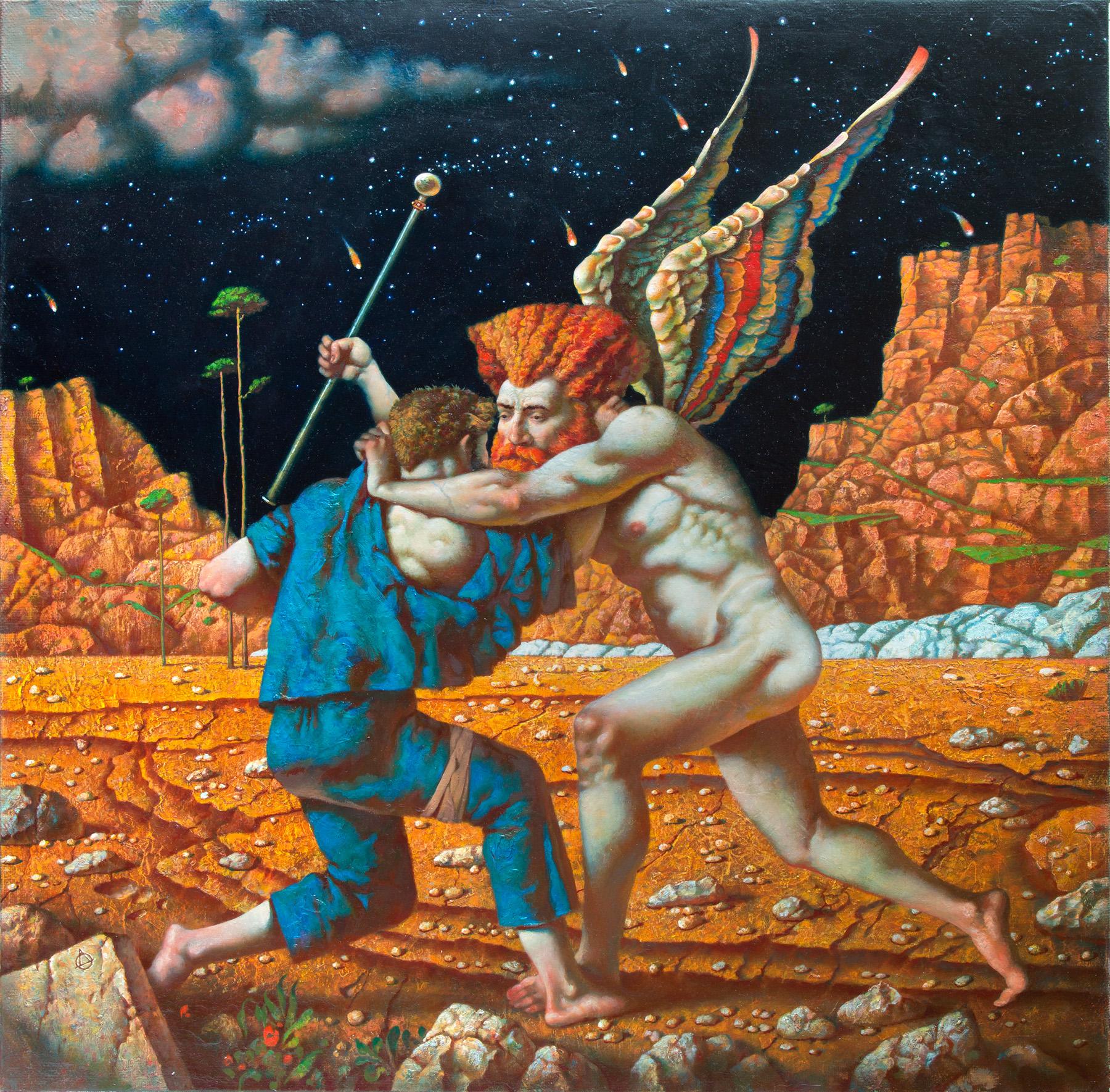 Battle of Jacob with the angel. Original modern art painting