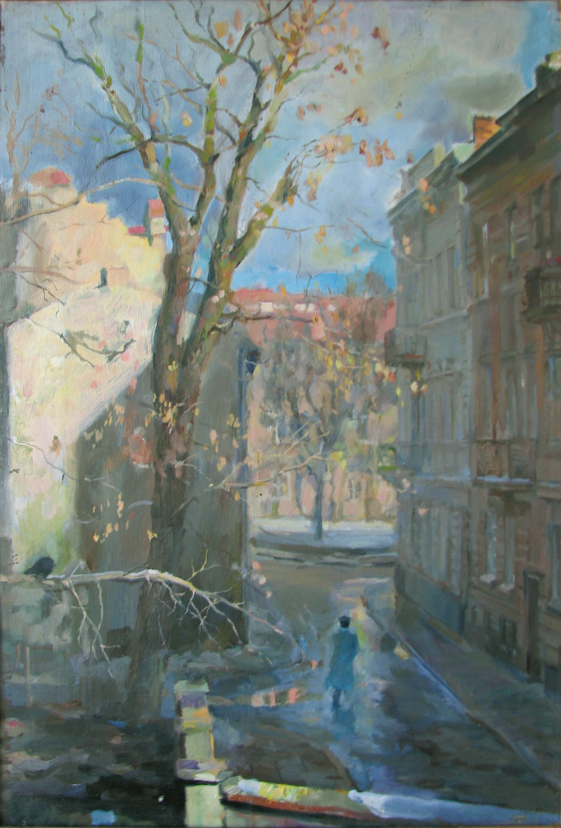Quiet street.Early spring. Original modern art painting