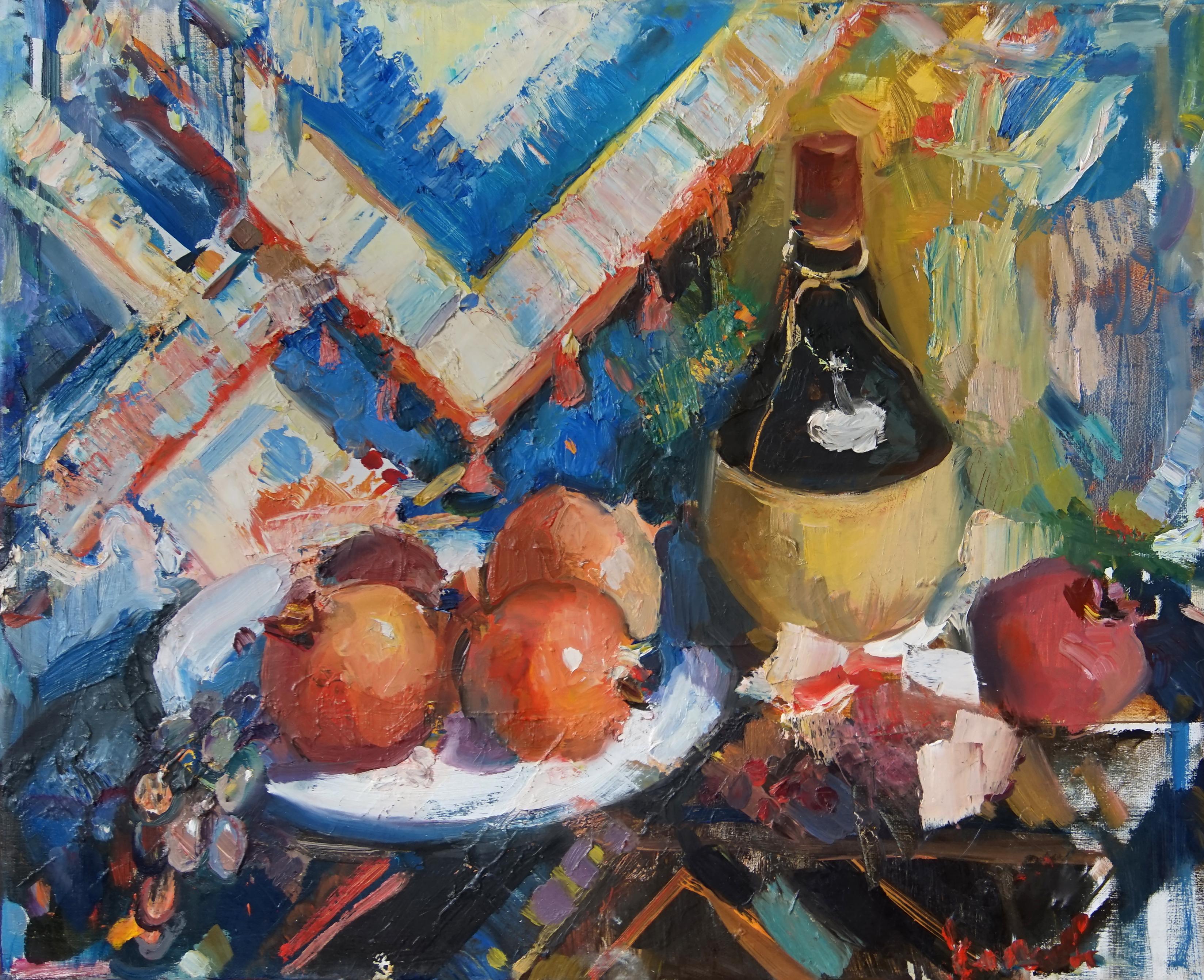 Wine and fruits. Original modern art painting