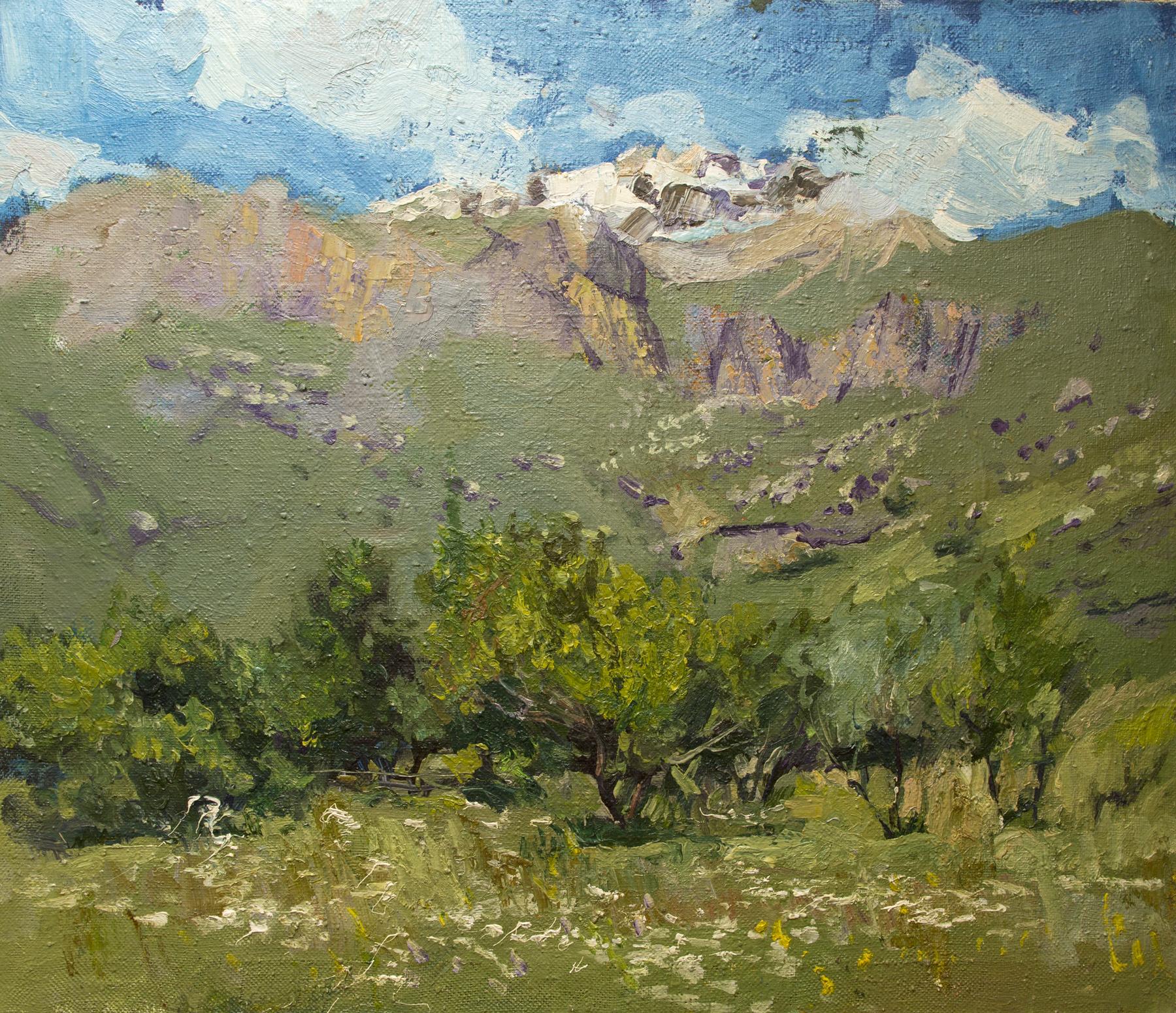 Apple orchard in the mountains. Original modern art painting