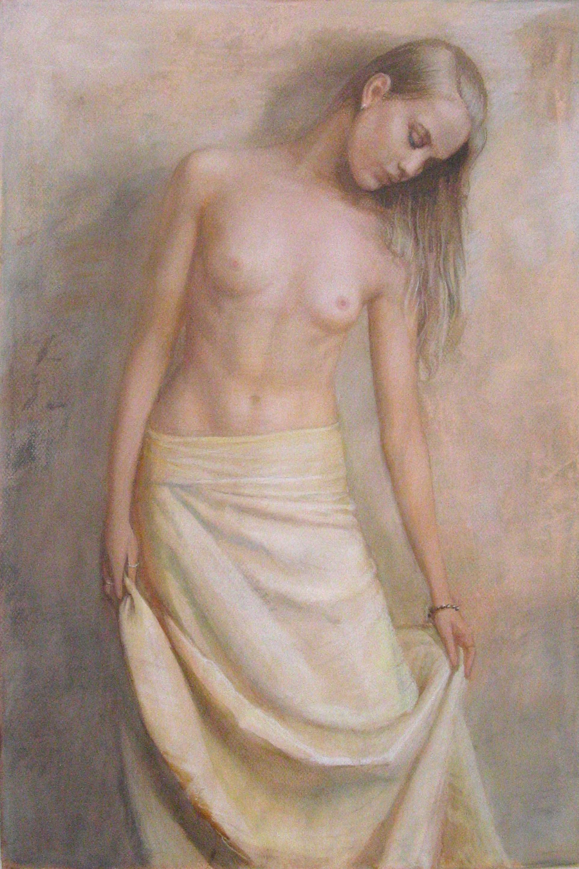девушка на фоне стены. Original modern art painting