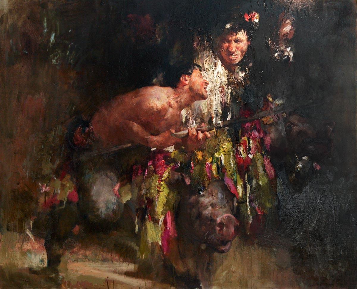 Guisers riding pigs. Original modern art painting