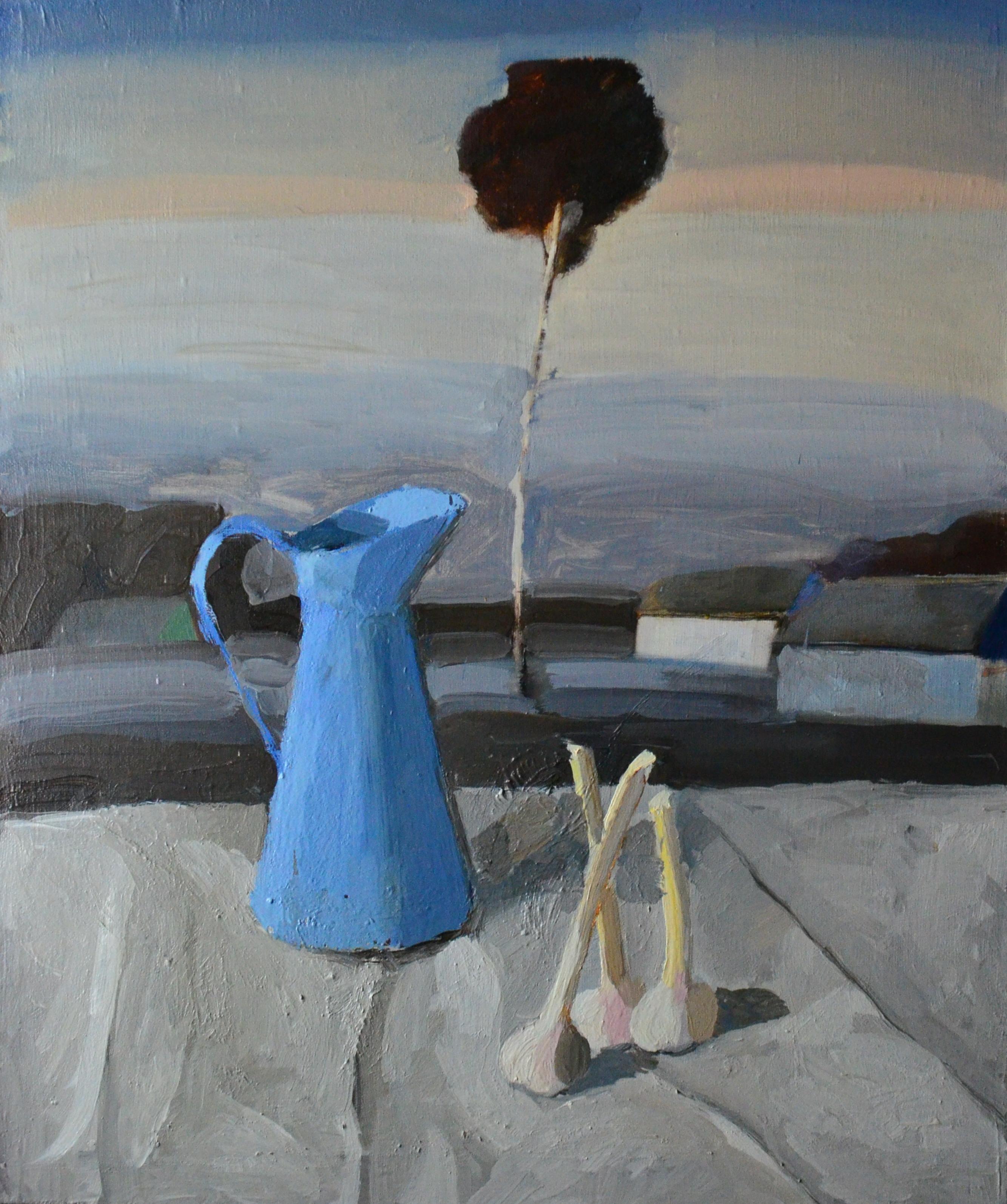 Still life with blue jug. Original modern art painting