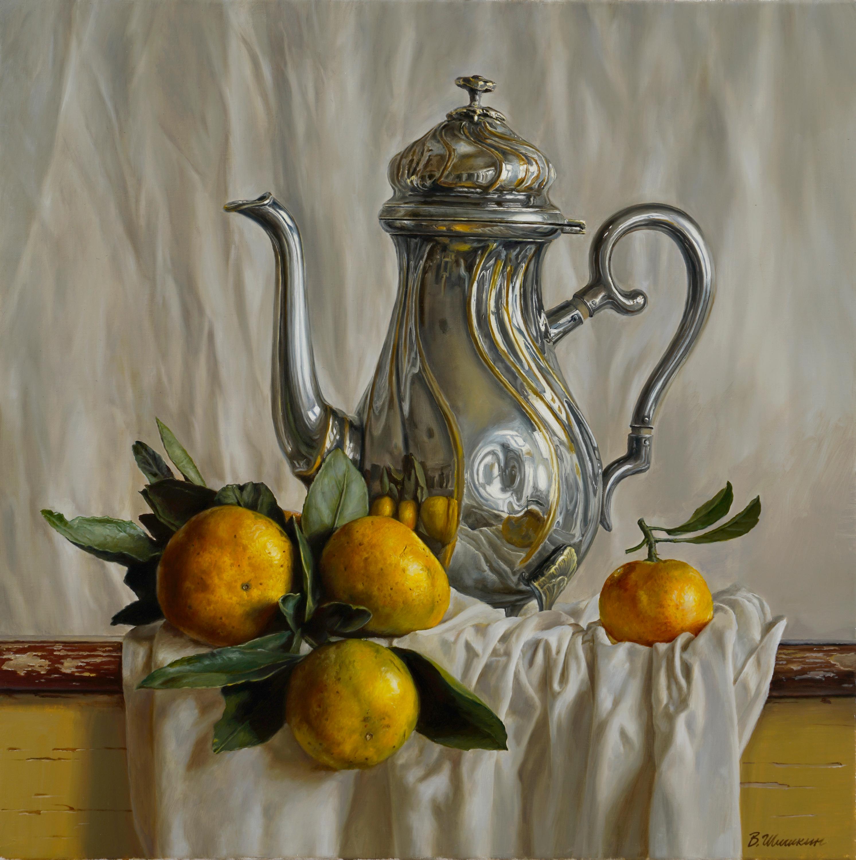 Teapot with mandarins. Original modern art painting