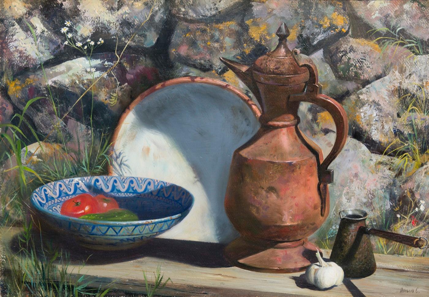 Still life with eastern jug. Original modern art painting